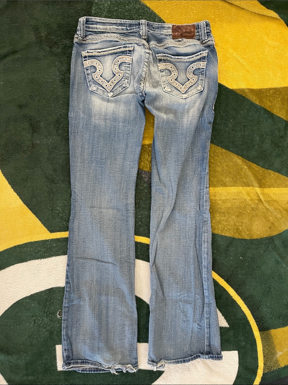 Big Star Light Blue Flare Jeans with Embellished Back Pockets. Size 28L